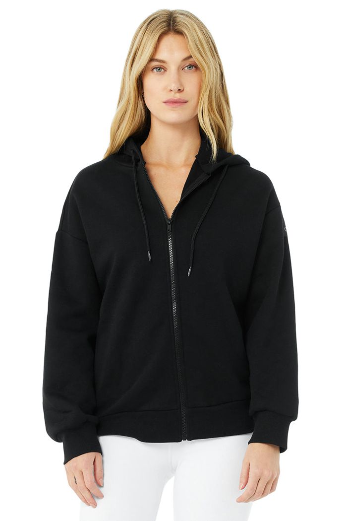 Bluzy Z Kapturem Alo Yoga Hype Full Zip Damskie Czarne | KVHGL0897