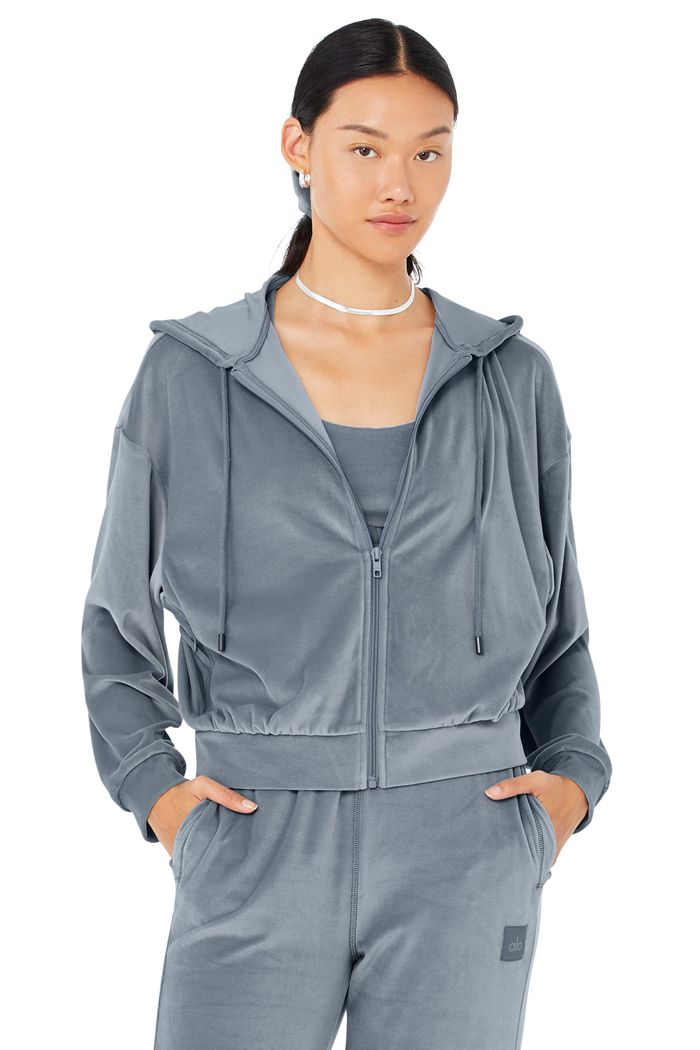 Bluzy Z Kapturem Alo Yoga Velour Glimmer Full Zip Damskie Szare | RSFIU2701