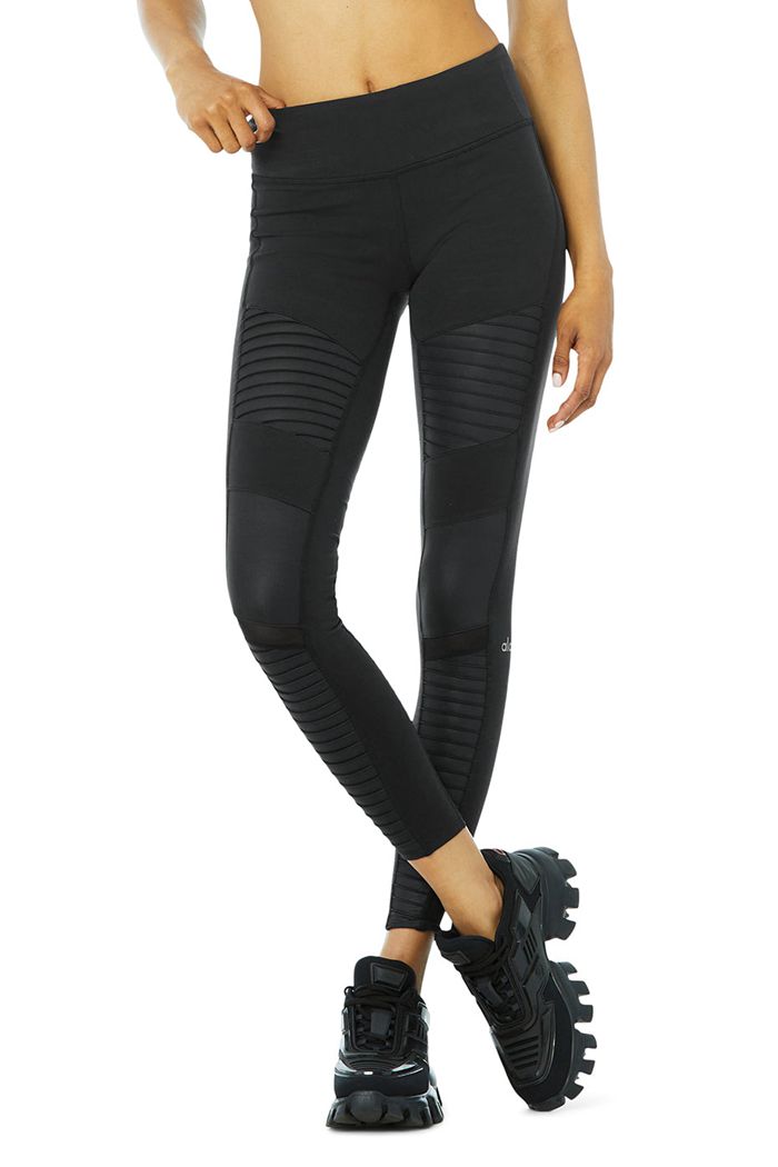 Legginsy Alo Yoga Moto Damskie Czarne | RKLEY5038