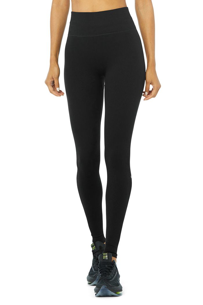 Legginsy Alo Yoga Seamless High-Stanem Ribbed Damskie Czarne | AFESH8071