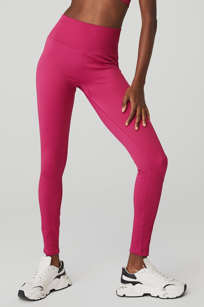 Legginsy Alo Yoga Seamless High-Stanem Ribbed Damskie Czerwone | IUDVE1078