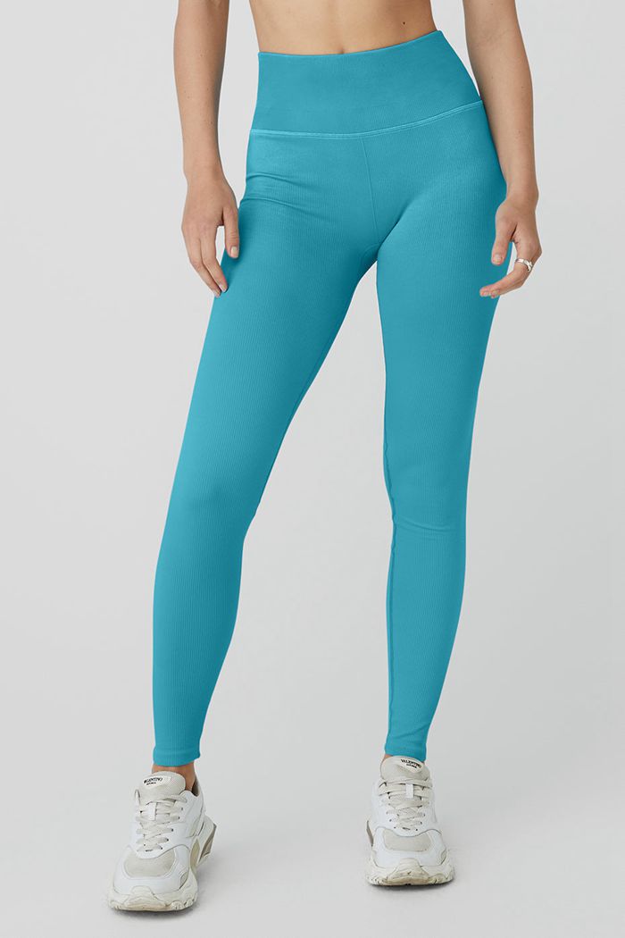 Legginsy Alo Yoga Seamless High-Stanem Ribbed Damskie Niebieskie | KDNBH8704