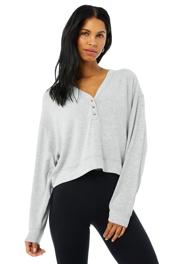 Long Sleeve Alo Yoga Alolux Soho Crop Henley Damskie Szare | ADOIE7063