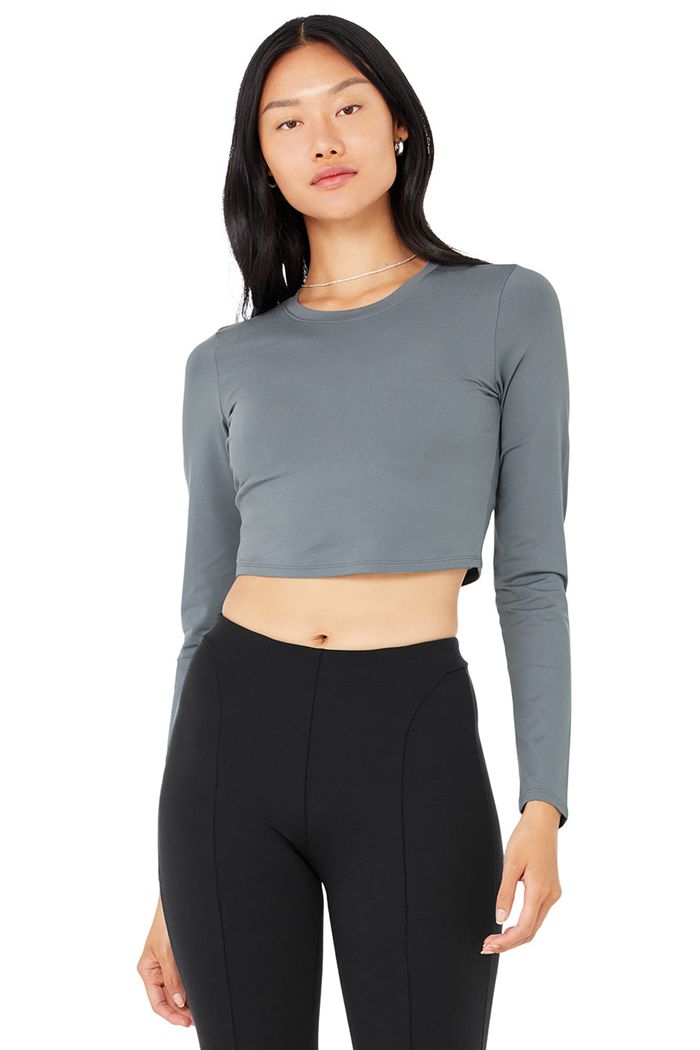 Long Sleeve Alo Yoga Alosoft Crop Finesse Damskie Szare | DZIHR0287