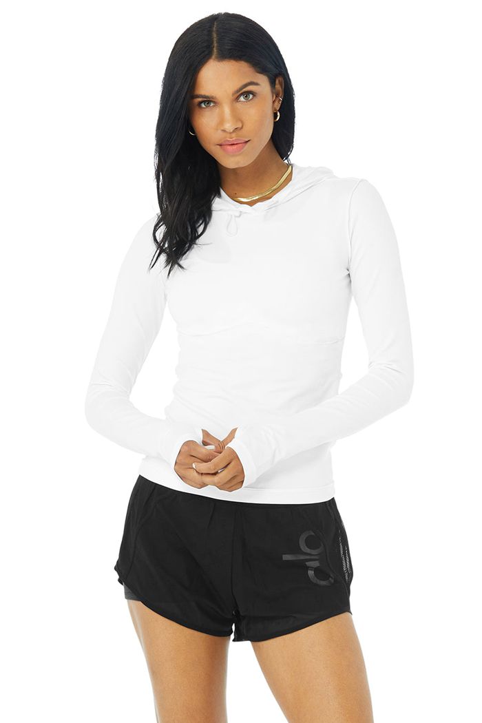 Long Sleeve Alo Yoga Alosoft Zakapturzony Runner Damskie Białe | OMPXD3015