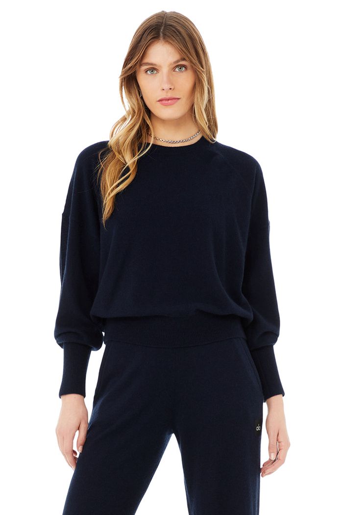 Long Sleeve Alo Yoga Cashmere Jet Set Crew Damskie Granatowe | KUCDB9053