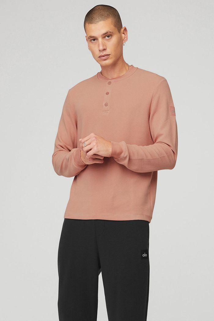 Long Sleeve Alo Yoga Micro Waffle Fast Break Henley Męskie Różowe | DISWQ9804