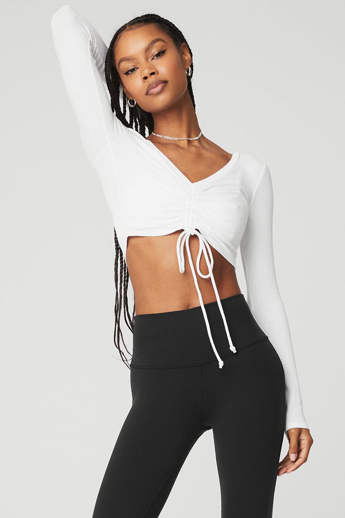 Long Sleeve Alo Yoga Ribbed Cinch Cropped Damskie Białe | EAUBO9640