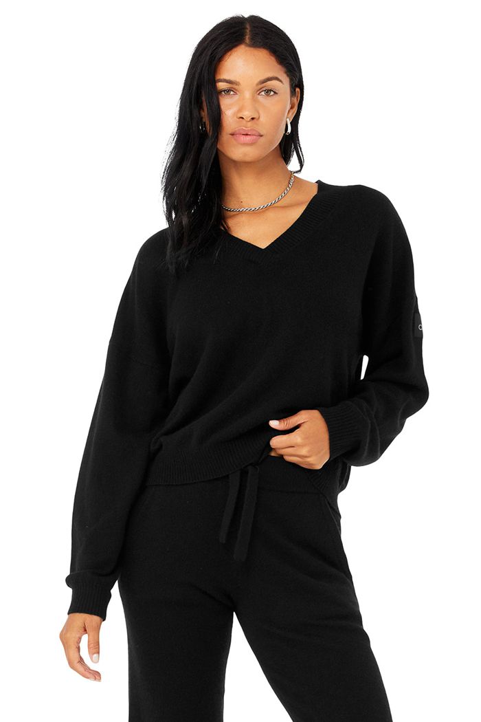 Pulowery Alo Yoga Cashmere Jet Set V-Neck Damskie Czarne | EJWRD3718