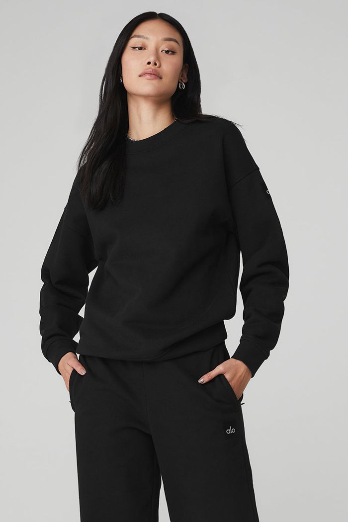 Pulowery Alo Yoga Renown Crew Neck Damskie Czarne | JLGHX7156