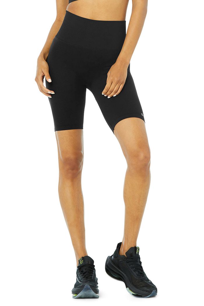 Short Alo Yoga Seamless High-Stanem Ribbed Motocyklowe Damskie Czarne | TYWGA9043