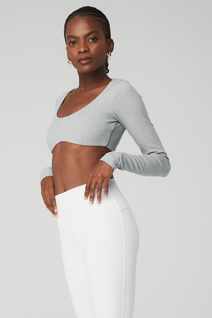 Staniki Alo Yoga Ribbed Defined Long Sleeve Damskie Szare | HQNGF8126