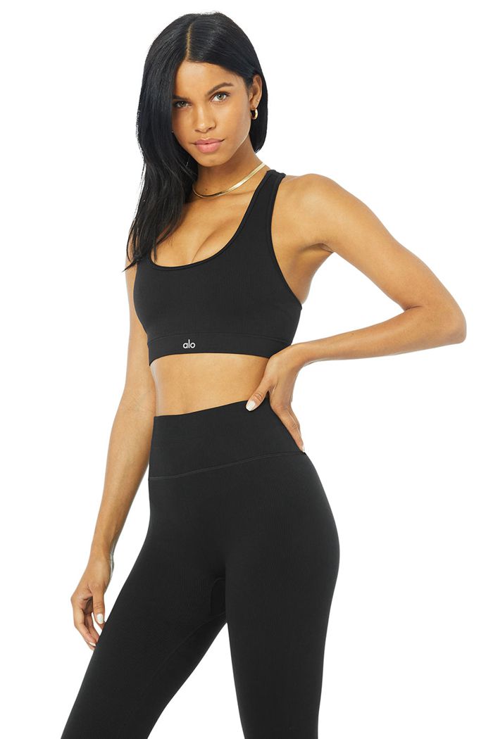 Staniki Alo Yoga Seamless Ribbed Damskie Czarne | HGJVU3796