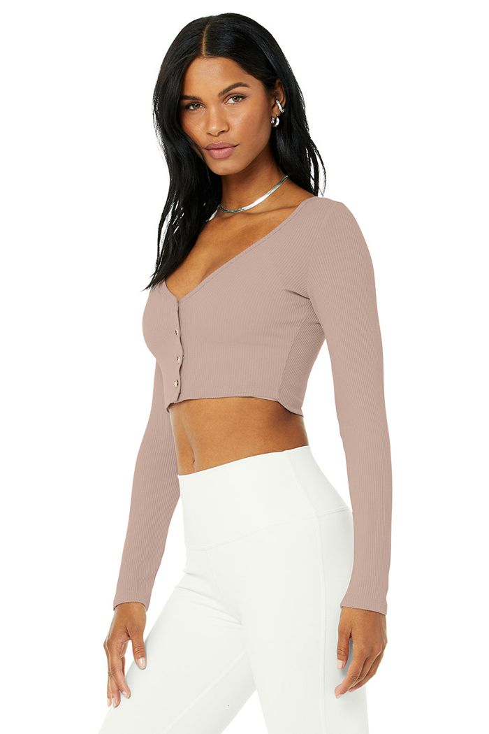 Sweter Rozpinany Alo Yoga Ribbed Cropped Whisper Damskie Różowe | IMOAE6371