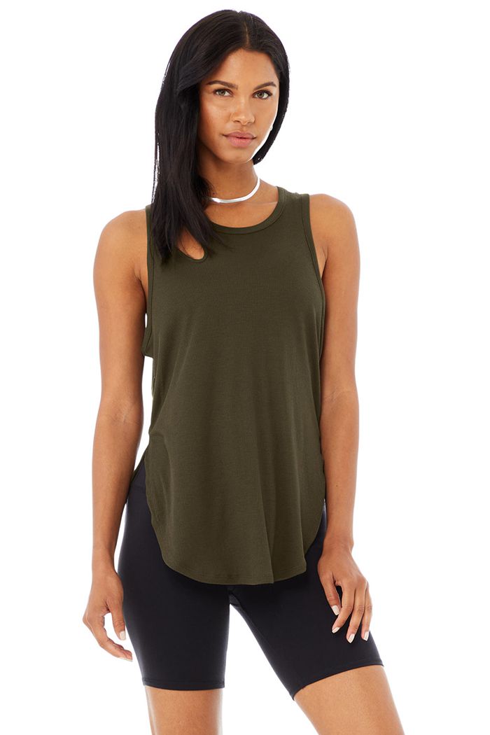 Tank Tops Alo Yoga Ribbed Peak Damskie Ciemny Oliwkowe | AHNLB1864