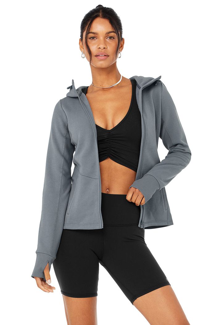 Bluzy Z Kapturem Alo Yoga Foundation Zip Damskie Szare | ZJREX6380