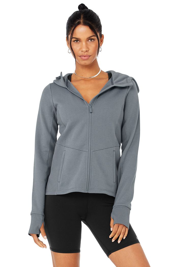 Bluzy Z Kapturem Alo Yoga Foundation Zip Damskie Szare | ZJREX6380