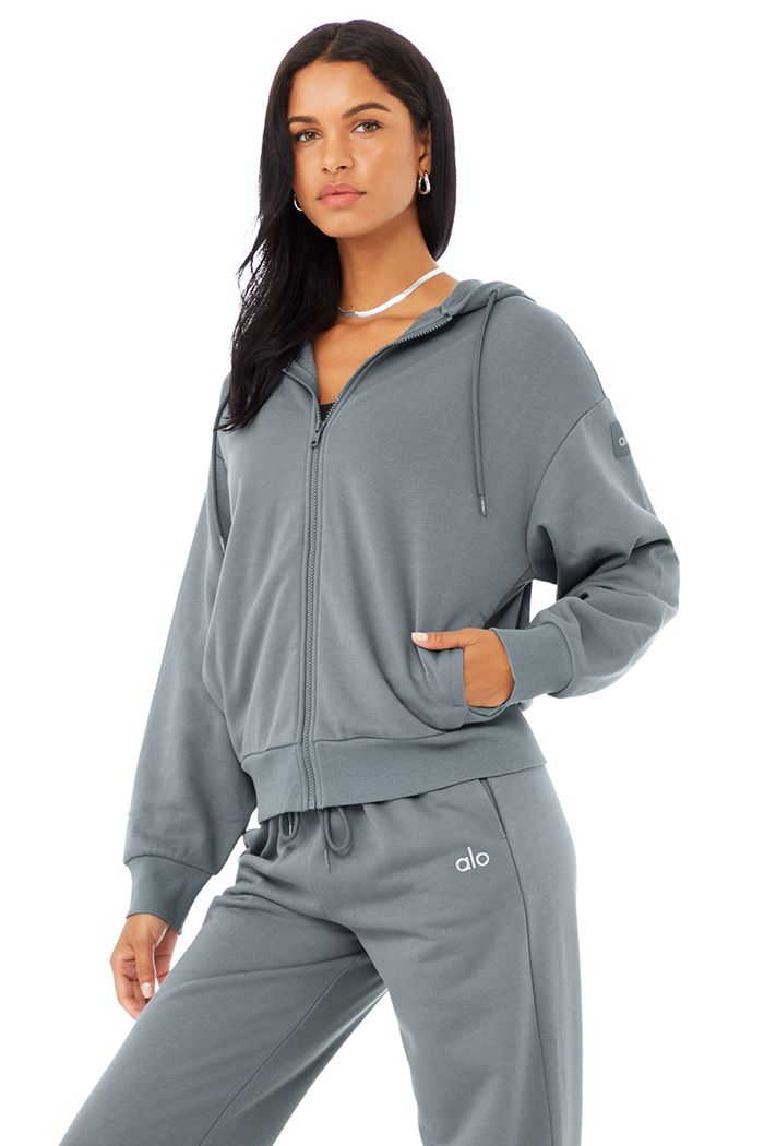 Bluzy Z Kapturem Alo Yoga Hype Full Zip Damskie Szare | FHPDX6318