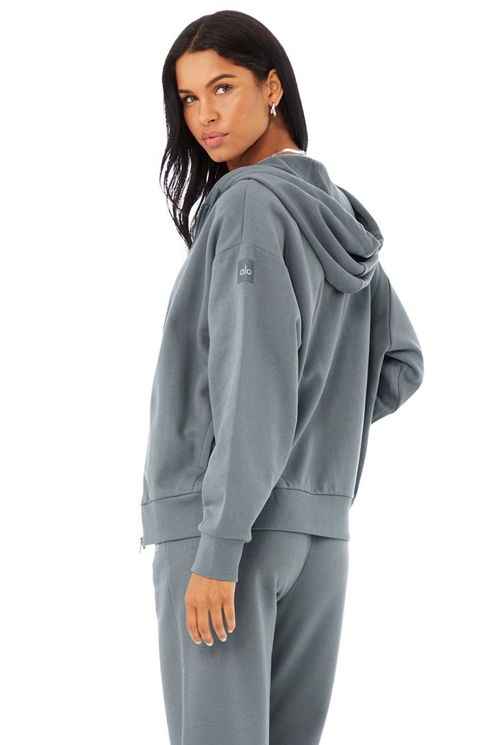 Bluzy Z Kapturem Alo Yoga Hype Full Zip Damskie Szare | FHPDX6318