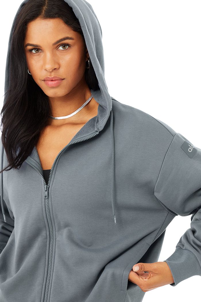 Bluzy Z Kapturem Alo Yoga Hype Full Zip Damskie Szare | FHPDX6318