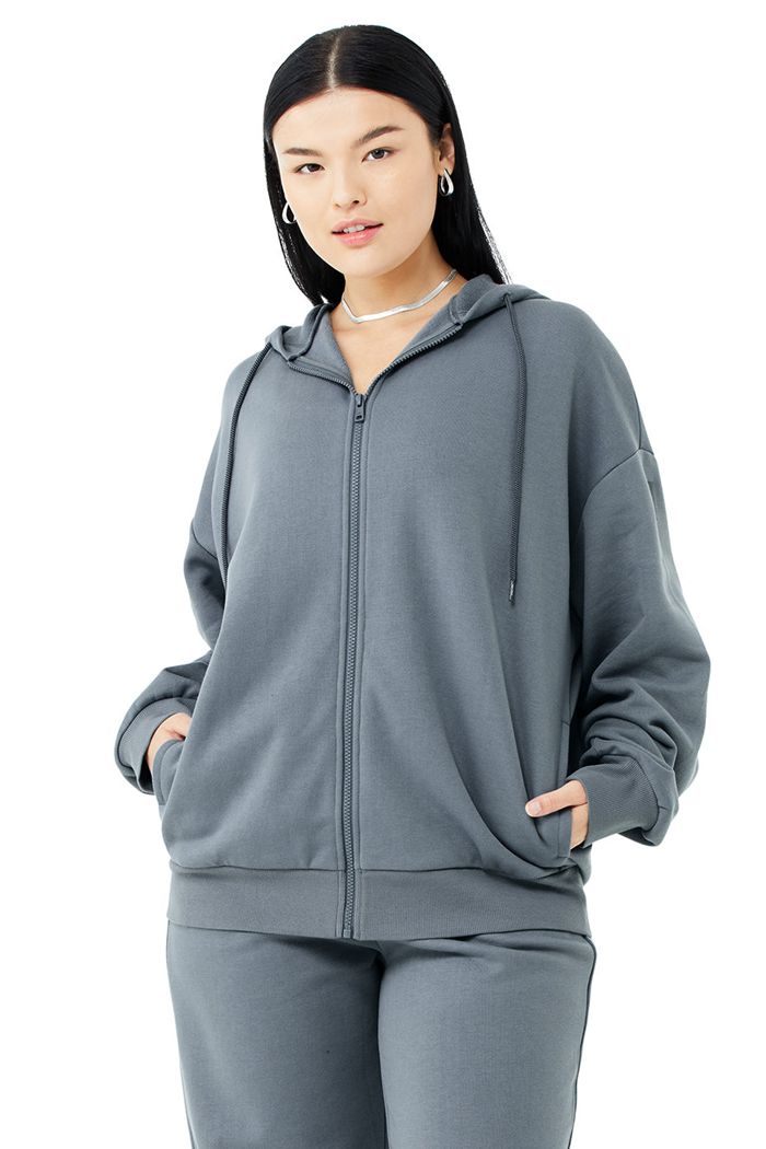 Bluzy Z Kapturem Alo Yoga Hype Full Zip Damskie Szare | FHPDX6318