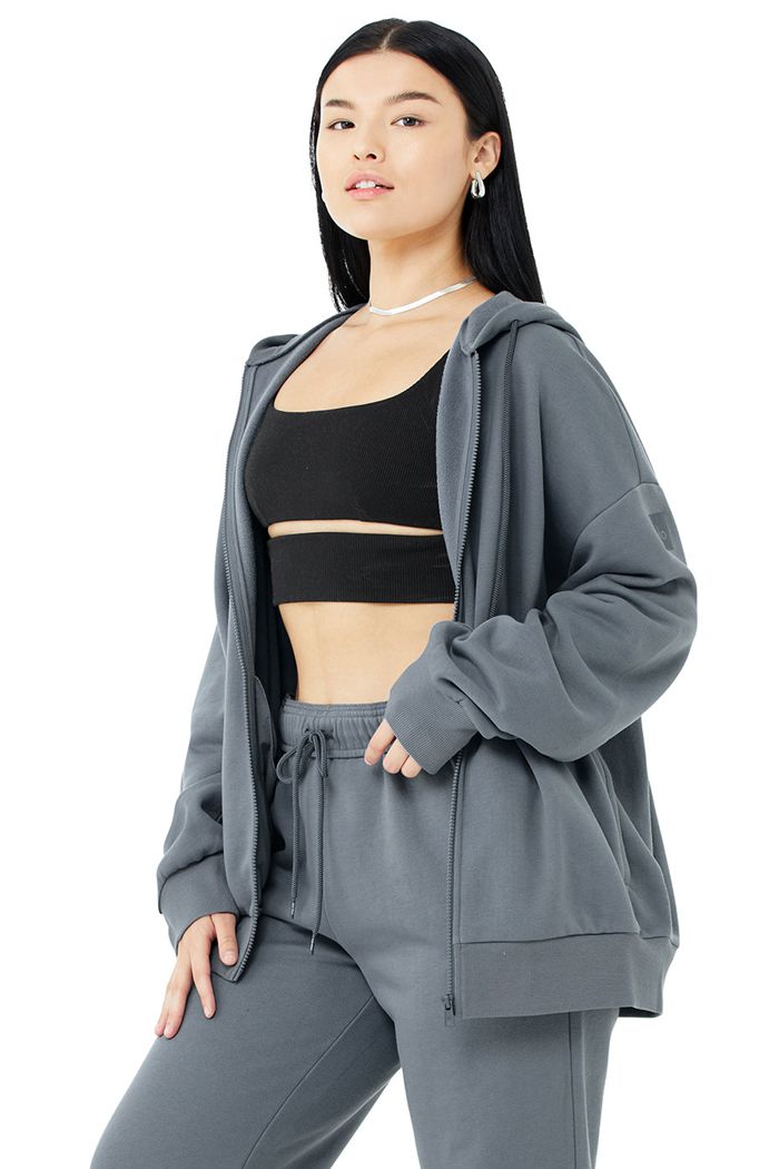 Bluzy Z Kapturem Alo Yoga Hype Full Zip Damskie Szare | FHPDX6318