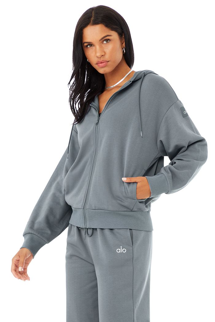 Bluzy Z Kapturem Alo Yoga Hype Full Zip Damskie Szare | FHPDX6318