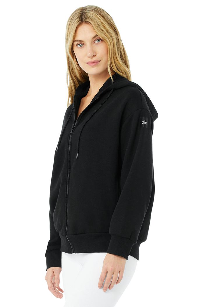 Bluzy Z Kapturem Alo Yoga Hype Full Zip Damskie Czarne | KVHGL0897