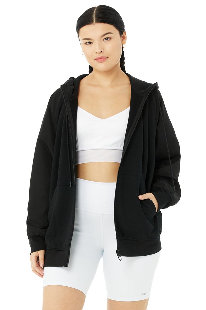 Bluzy Z Kapturem Alo Yoga Hype Full Zip Damskie Czarne | KVHGL0897