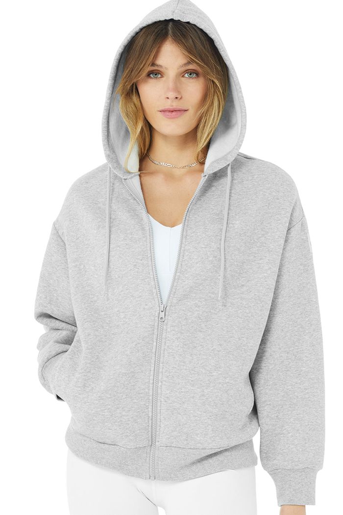 Bluzy Z Kapturem Alo Yoga Hype Full Zip Damskie Szare | NJLIE6094