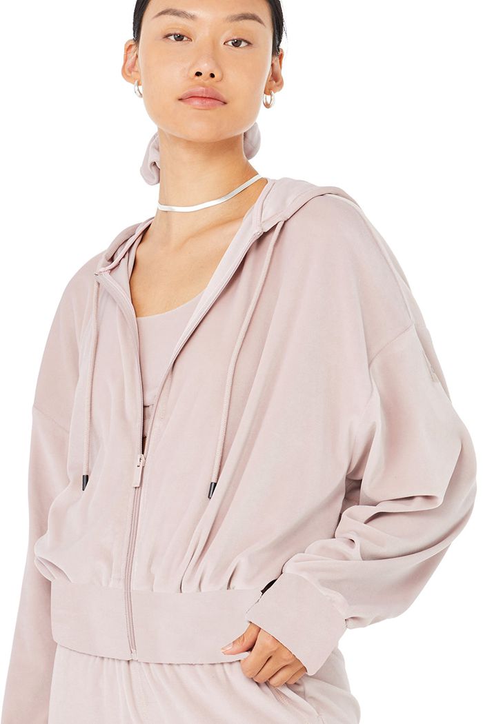 Bluzy Z Kapturem Alo Yoga Velour Glimmer Full Zip Damskie Różowe | ALWGT9503