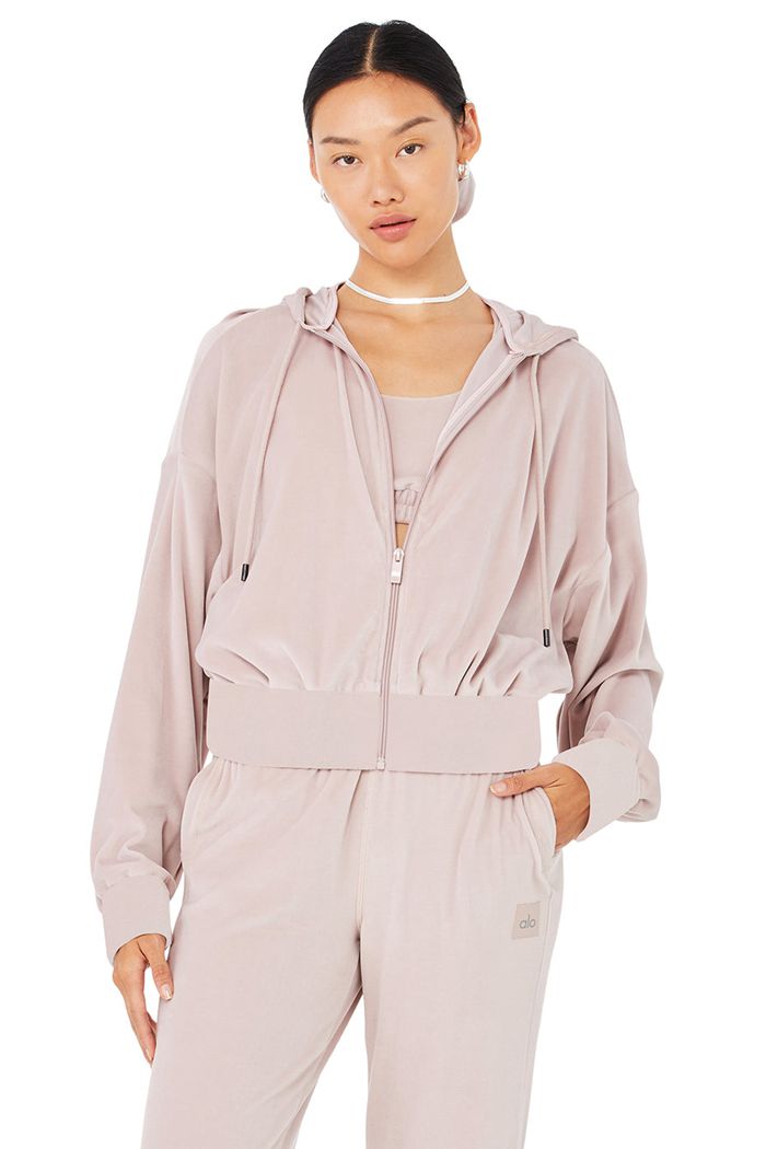 Bluzy Z Kapturem Alo Yoga Velour Glimmer Full Zip Damskie Różowe | ALWGT9503