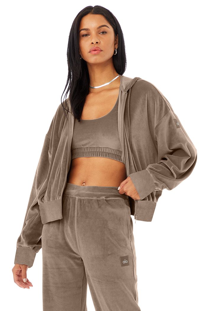 Bluzy Z Kapturem Alo Yoga Velour Glimmer Full Zip Damskie Brązowe | JSIKB1405