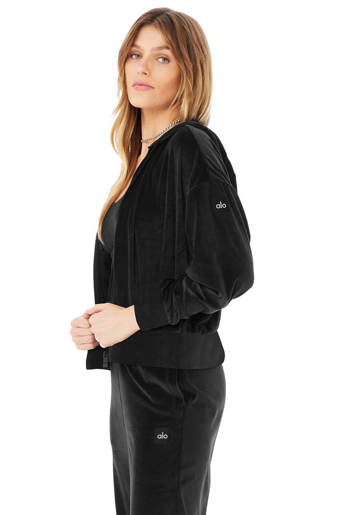 Bluzy Z Kapturem Alo Yoga Velour Glimmer Full Zip Damskie Czarne | MKATJ5318