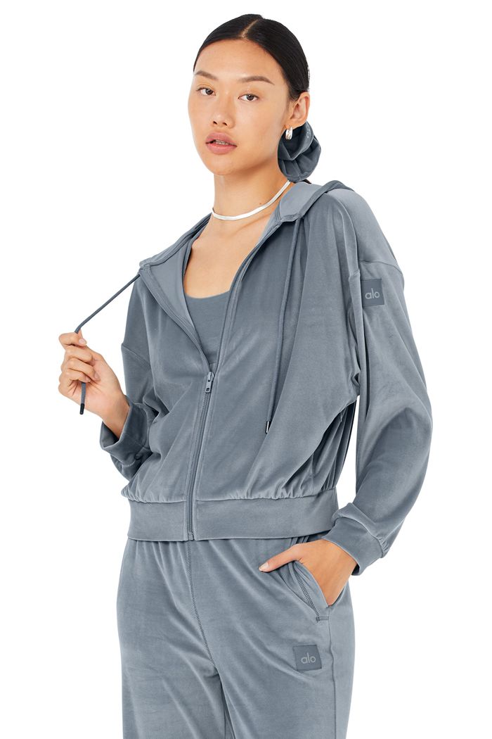 Bluzy Z Kapturem Alo Yoga Velour Glimmer Full Zip Damskie Szare | RSFIU2701