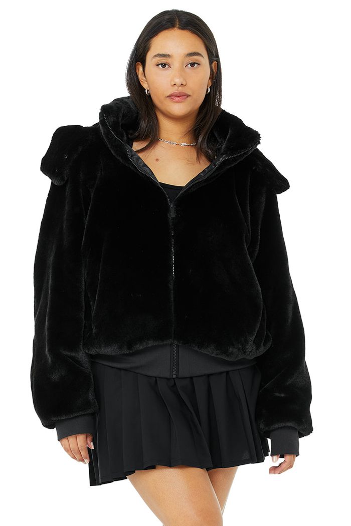 Kurtki Alo Yoga Faux Fur Foxy Damskie Czarne | RWOEQ8145