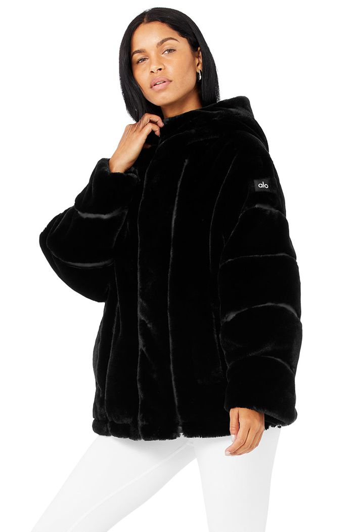 Kurtki Alo Yoga Knock Out Faux Fur Damskie Czarne | OFGDB6493