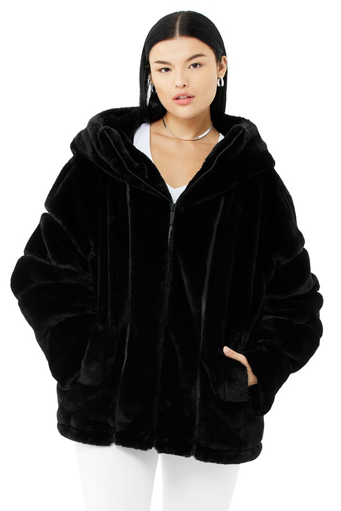 Kurtki Alo Yoga Knock Out Faux Fur Damskie Czarne | OFGDB6493