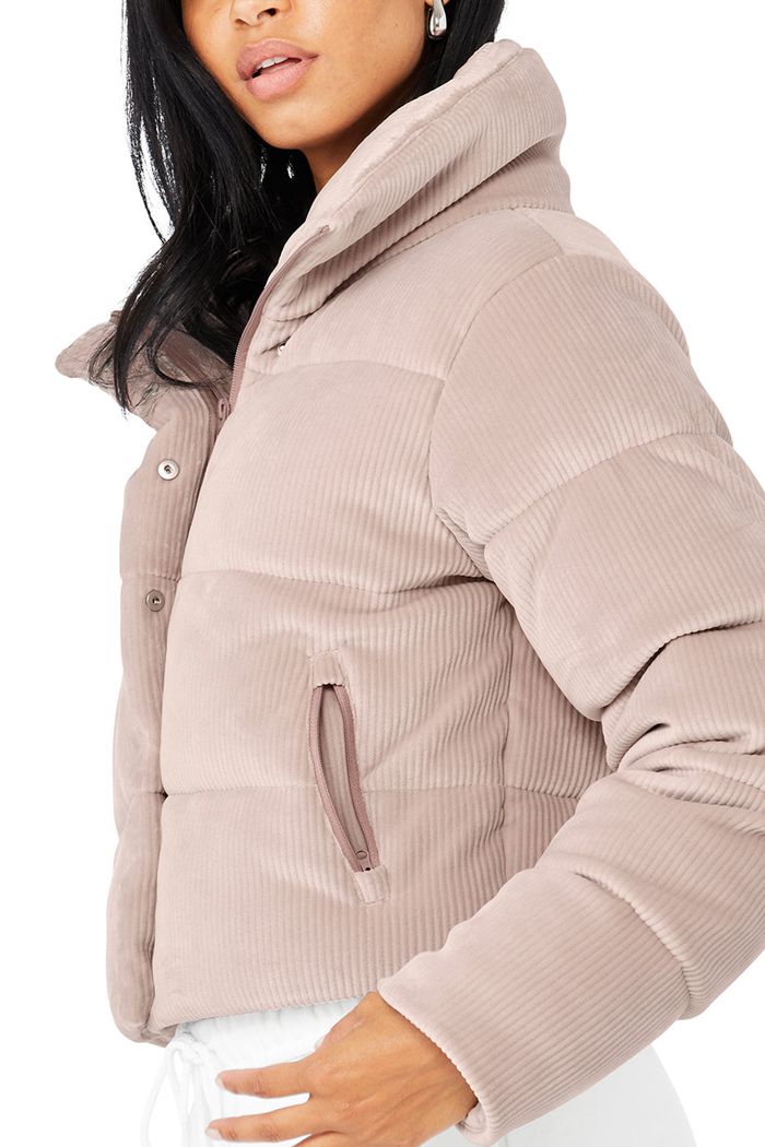 Kurtki Alo Yoga Ribbed Velour Gold Rush Puffer Damskie Różowe | GUFEA8192