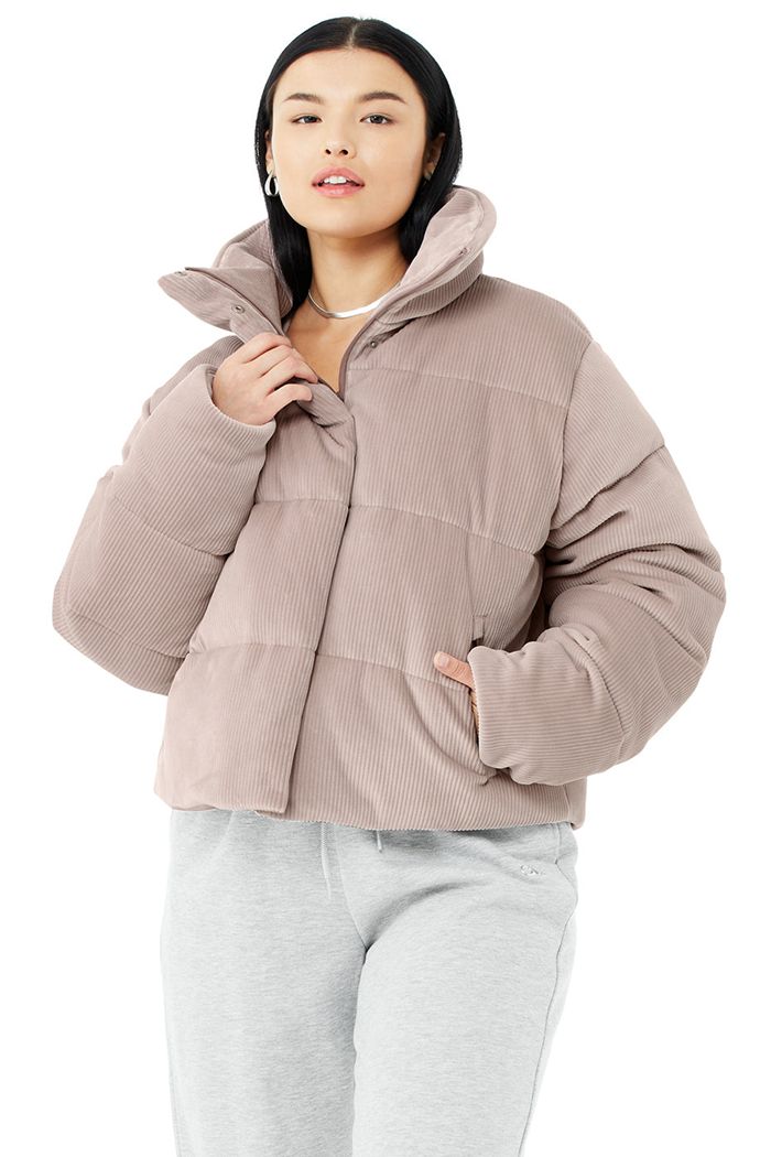 Kurtki Alo Yoga Ribbed Velour Gold Rush Puffer Damskie Różowe | GUFEA8192