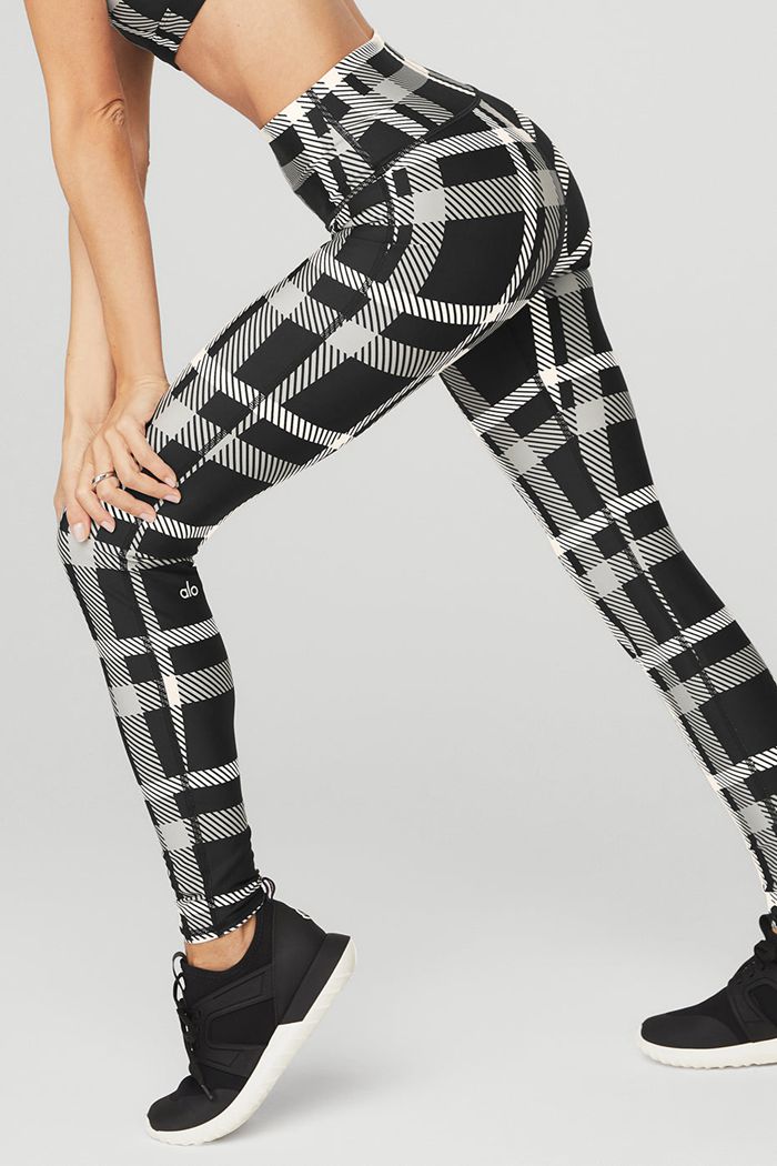 Legginsy Alo Yoga Airlift High-Stanem Magnified Plaid Damskie Czarne Białe | RAZVQ1208