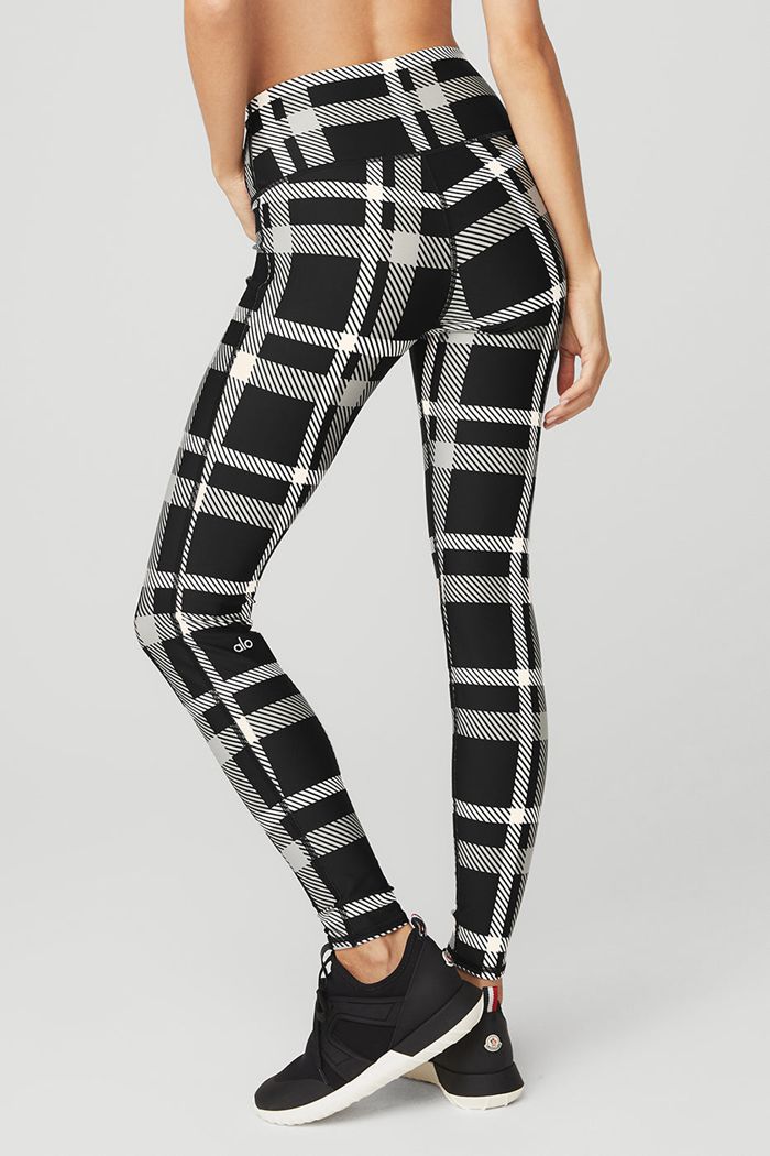 Legginsy Alo Yoga Airlift High-Stanem Magnified Plaid Damskie Czarne Białe | RAZVQ1208