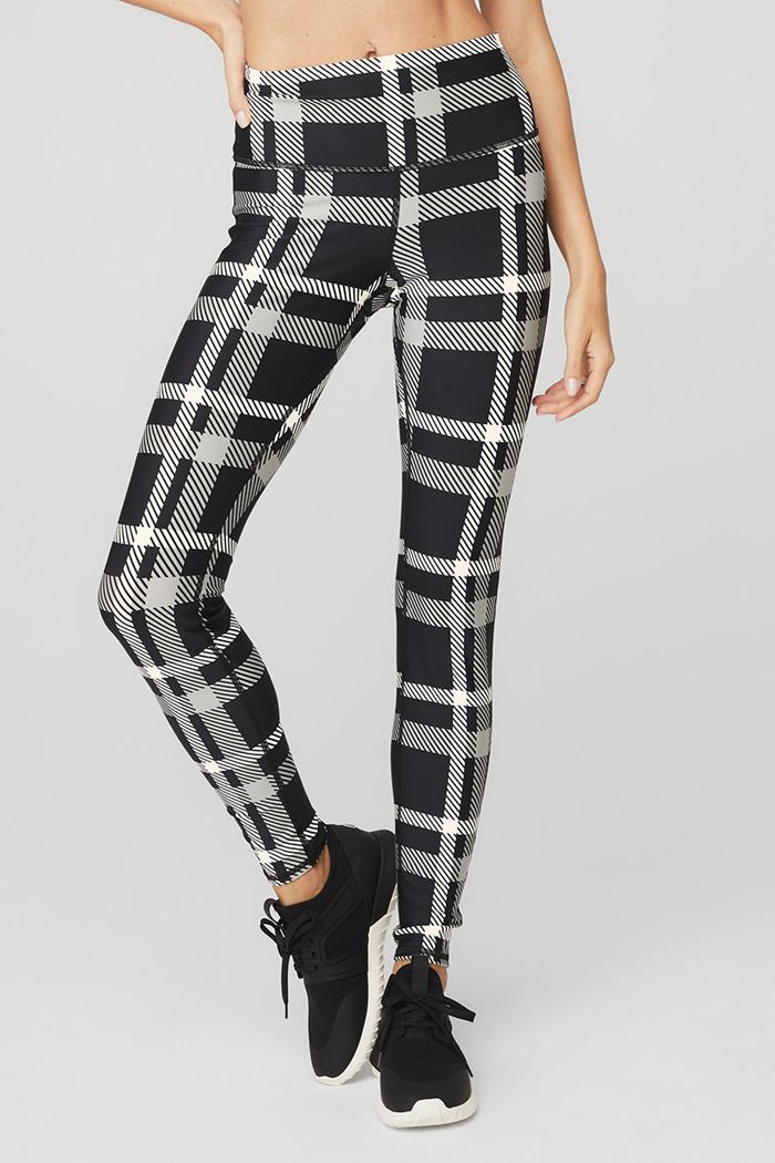 Legginsy Alo Yoga Airlift High-Stanem Magnified Plaid Damskie Czarne Białe | RAZVQ1208