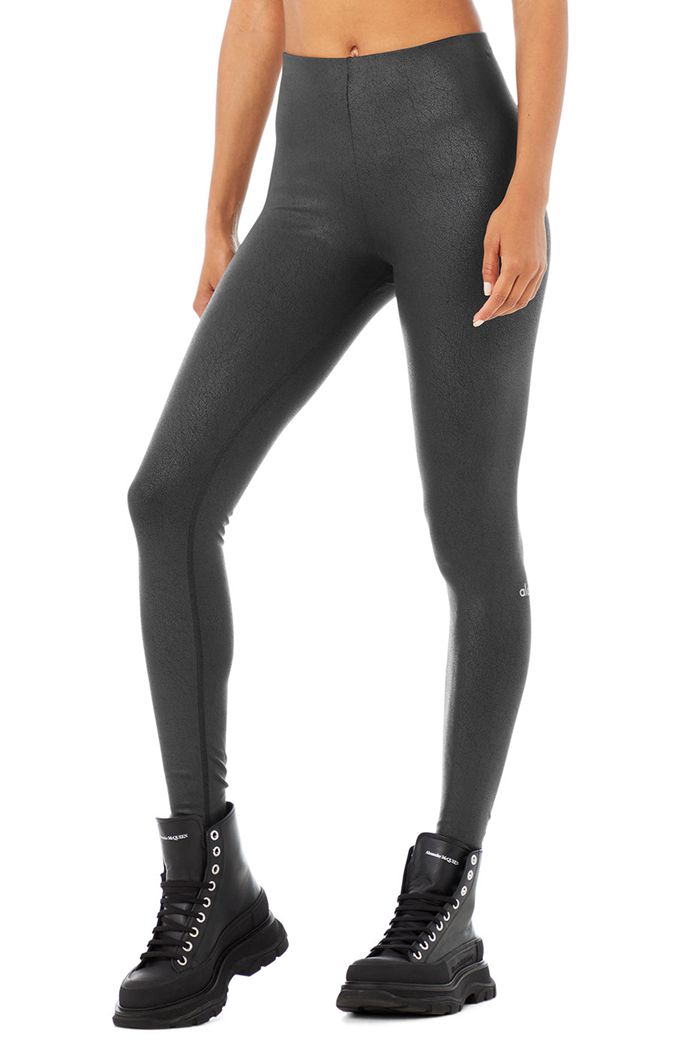 Legginsy Alo Yoga Faux Skórzane Airbrush High-Stanem Damskie Czarne | IPUWR4687