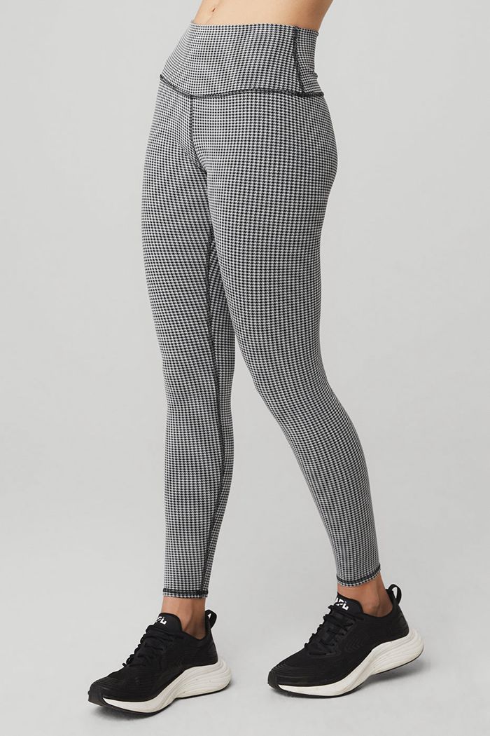 Legginsy Alo Yoga High-Stanem Micro Houndstooth Damskie Białe | MOPFS3021