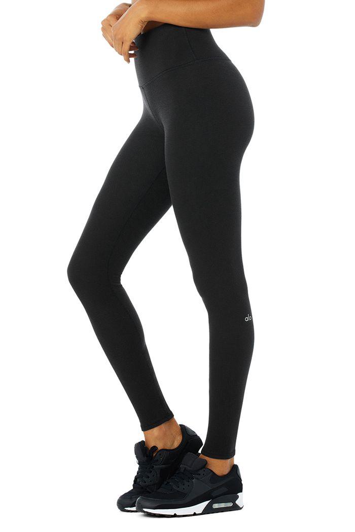 Legginsy Alo Yoga High-Stanem Micro Waffle LowKey Damskie Czarne | DBUVA0847