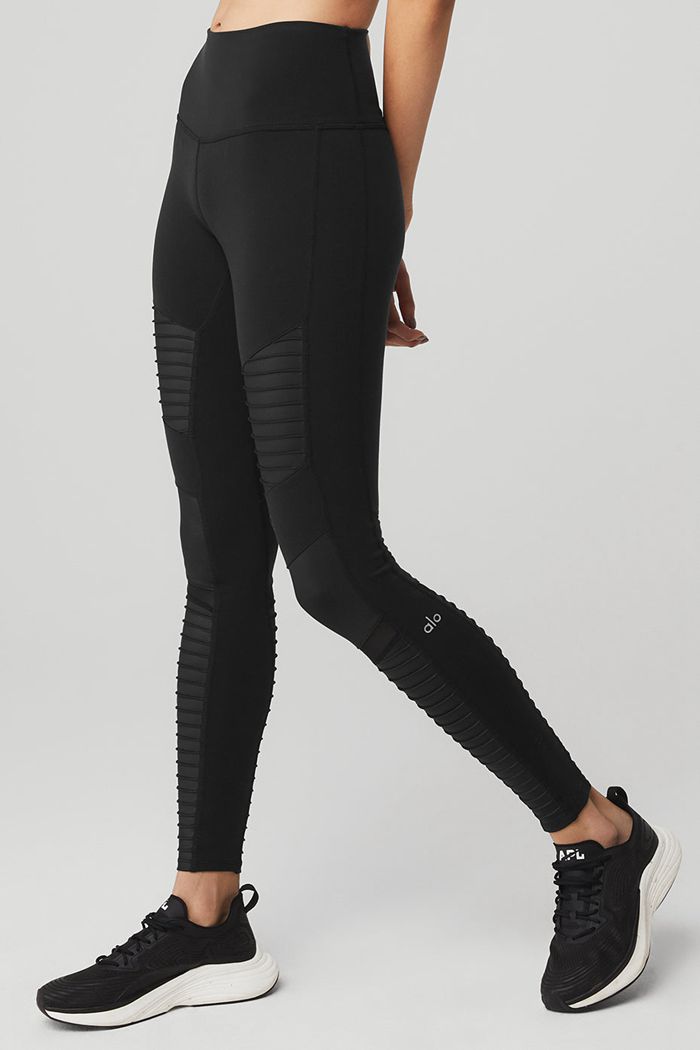 Legginsy Alo Yoga High-Stanem Moto Damskie Czarne | ATBCK2793