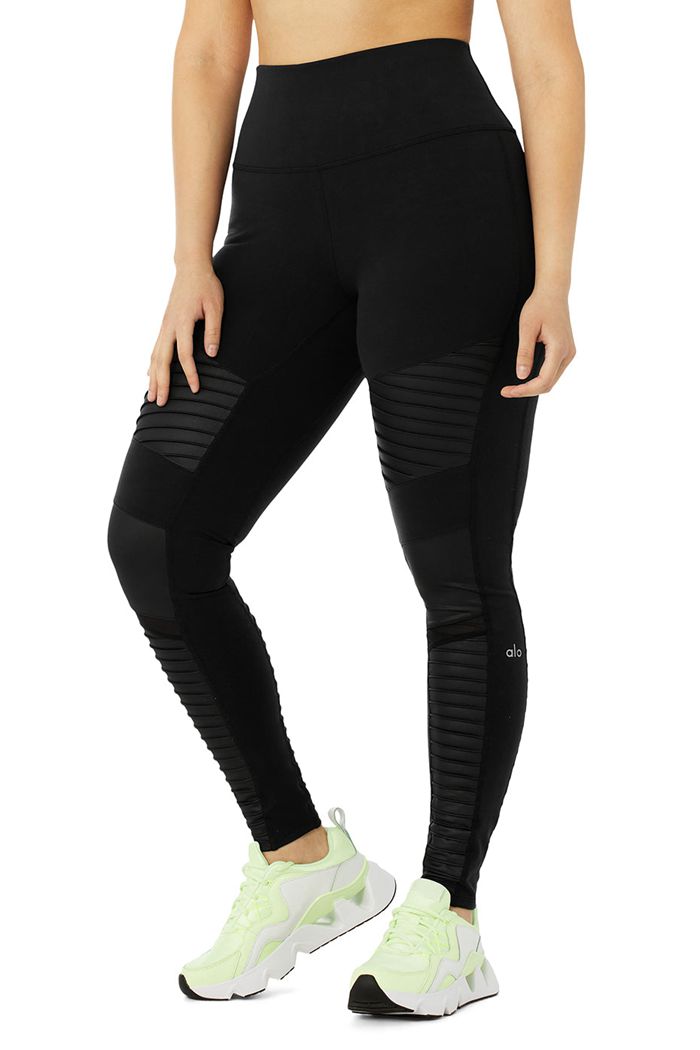 Legginsy Alo Yoga High-Stanem Moto Damskie Czarne | ATBCK2793