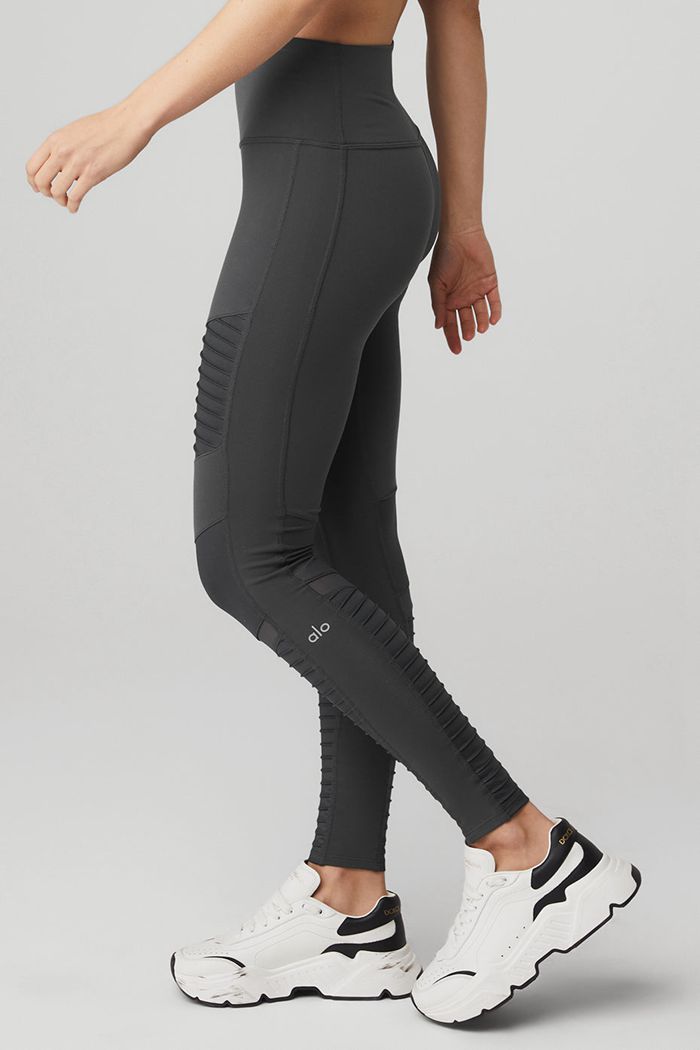 Legginsy Alo Yoga High-Stanem Moto Damskie Ciemny Szare | KTQPY2974