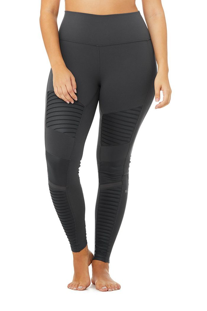 Legginsy Alo Yoga High-Stanem Moto Damskie Ciemny Szare | KTQPY2974